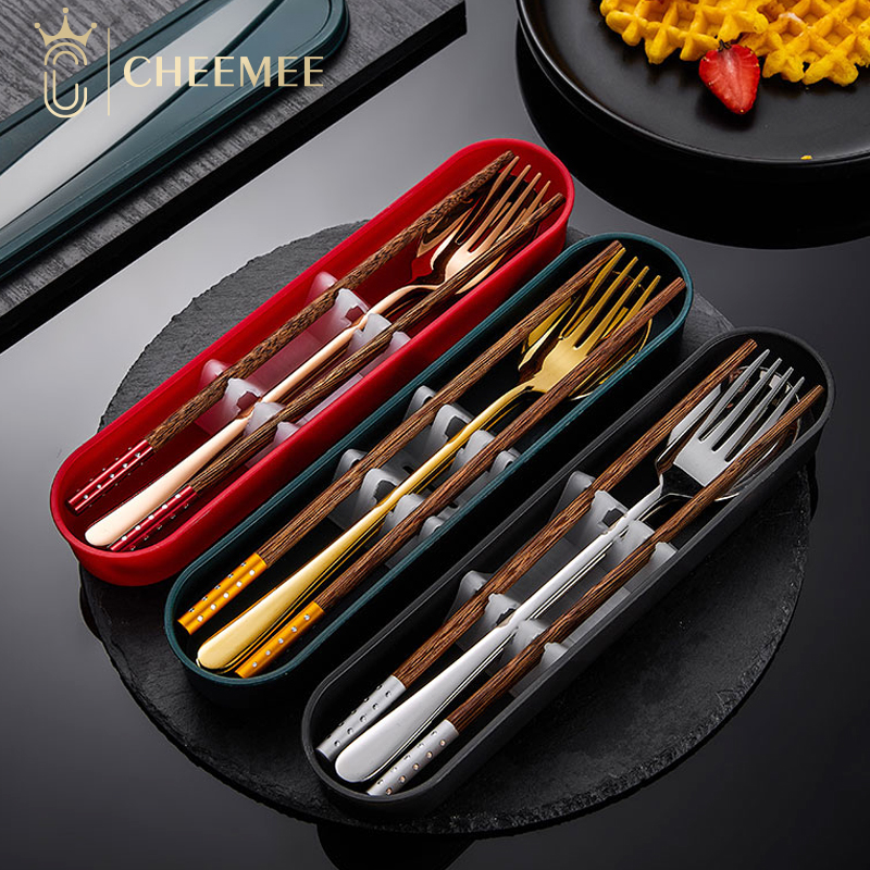 木质筷子304不锈钢勺子叉子三件套套装学生便携日式收纳餐具盒-封面