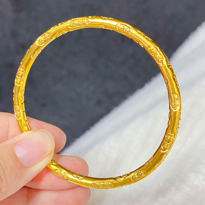 越南沙金錾刻吉言手镯戒指套装女款复古实心素圈手环乾坤圈送妈妈