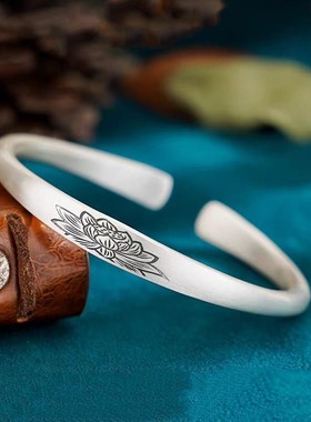 磨砂古法手镯女复古开口莲花手镯祥云如意民族风镯子送女友礼物