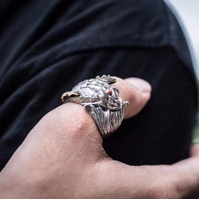 立体锦鲤戒指纯银男士中古重工大拇指感复古款食指可调节