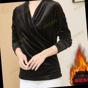 黑色V领金丝绒长袖T恤女加绒加厚修身收腰褶皱上衣保暖妈妈打底衫