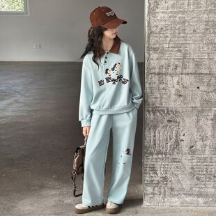 小女孩阔腿裤 女童卡通时尚 两件套 儿童Polo领卫衣春装 新款 套装 春季