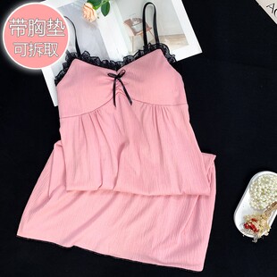 吊带睡裙女夏季 梭织棉带胸垫女士学生花边绿色家居服睡衣裙子夏天