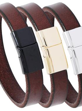 棕色文艺男女休闲多色合金磁铁扣光面森系简约牛皮手链复古手环