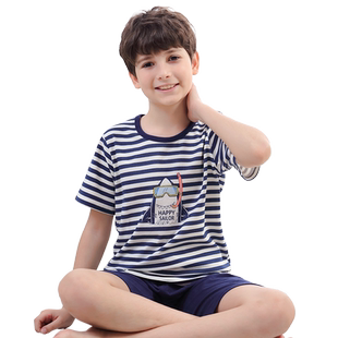 猫人儿童睡衣男童夏季纯棉薄款短袖大童家居服男孩夏天空调服套装