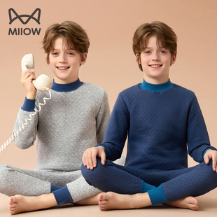 猫人男孩大童保暖内衣套装全纯棉儿童秋衣秋裤三层夹棉中领青少年