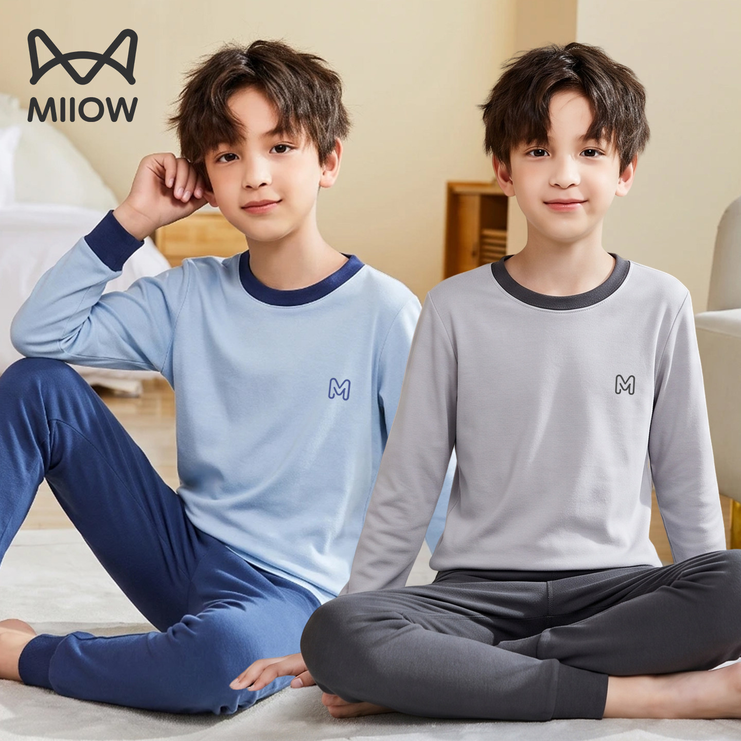 猫人男童纯棉秋衣秋裤儿童内衣套装青少年睡衣男孩大童棉毛衫新款