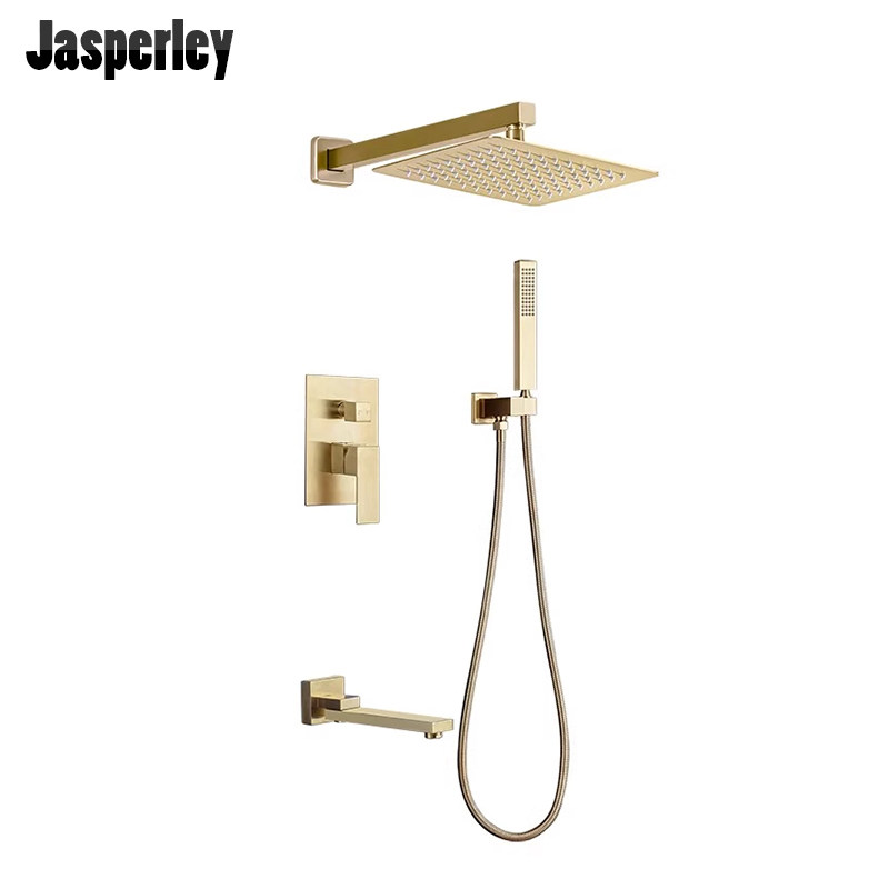 Jasperley拉丝金入墙式淋浴花洒套装枪灰色大淋浴