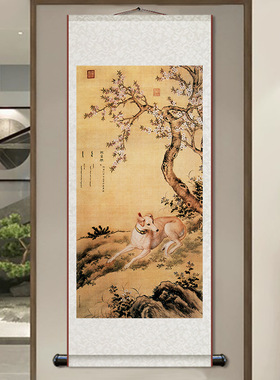 桃之夭夭桃花春季国画典雅茶楼装饰挂画玄关书房卷轴挂画丝绸