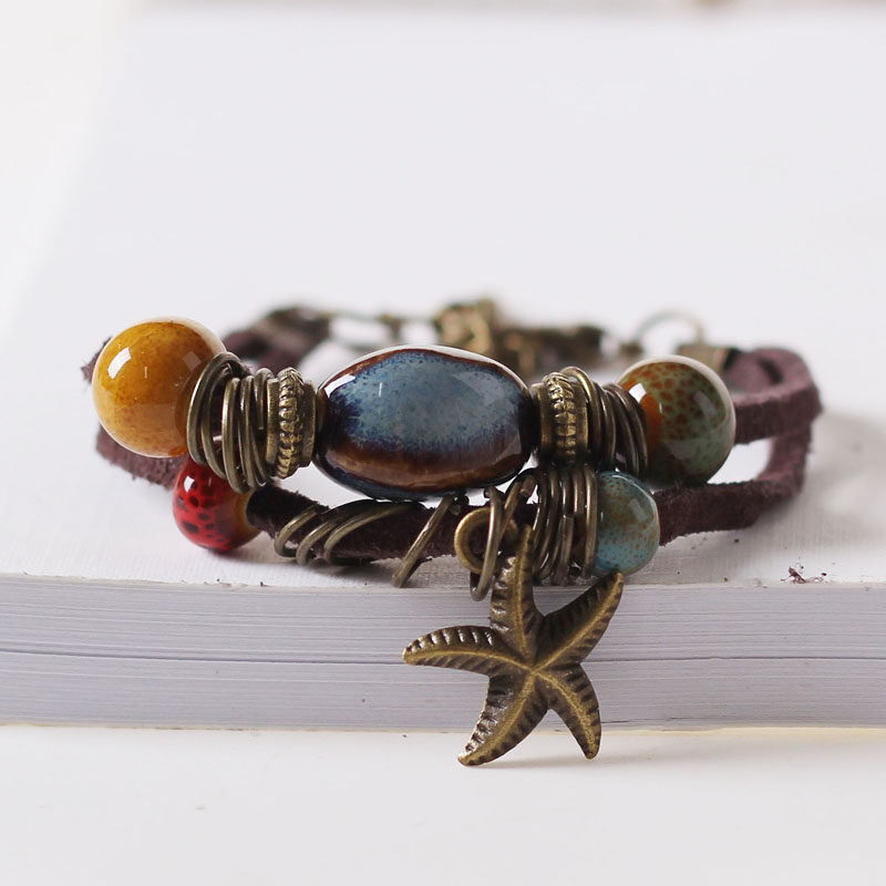 陶瓷古风波米亚海皇星手链学生女简约手链原创设计手工编织小饰品