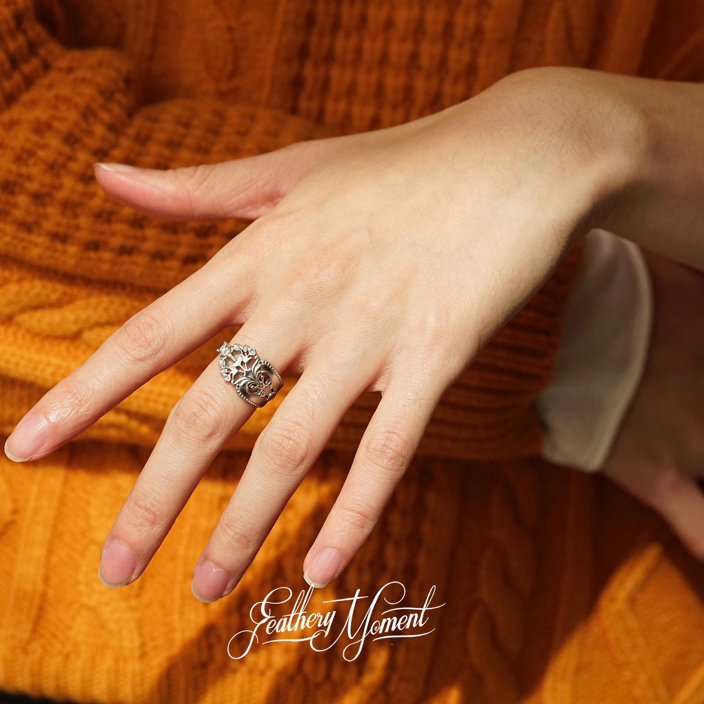 FM 雕花勺柄925银戒指复古优雅古典小众设计