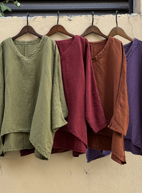 高订款高端亚麻套头上衣外套女宽松大码休闲慵懒2024秋冬新款小衫