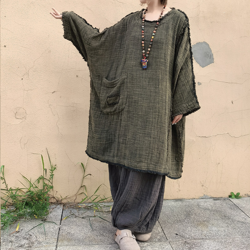 加厚亚麻毛边领2025秋新款女大码宽松休闲文艺个性慵懒长款连衣裙