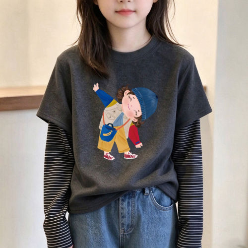 男童女童潮条纹假两件保暖长袖打底衫T恤2026德绒内搭秋冬半高领