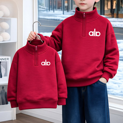 马年男童女童喜庆卡通上衣2026本命年红色加绒加厚立领半拉链卫衣