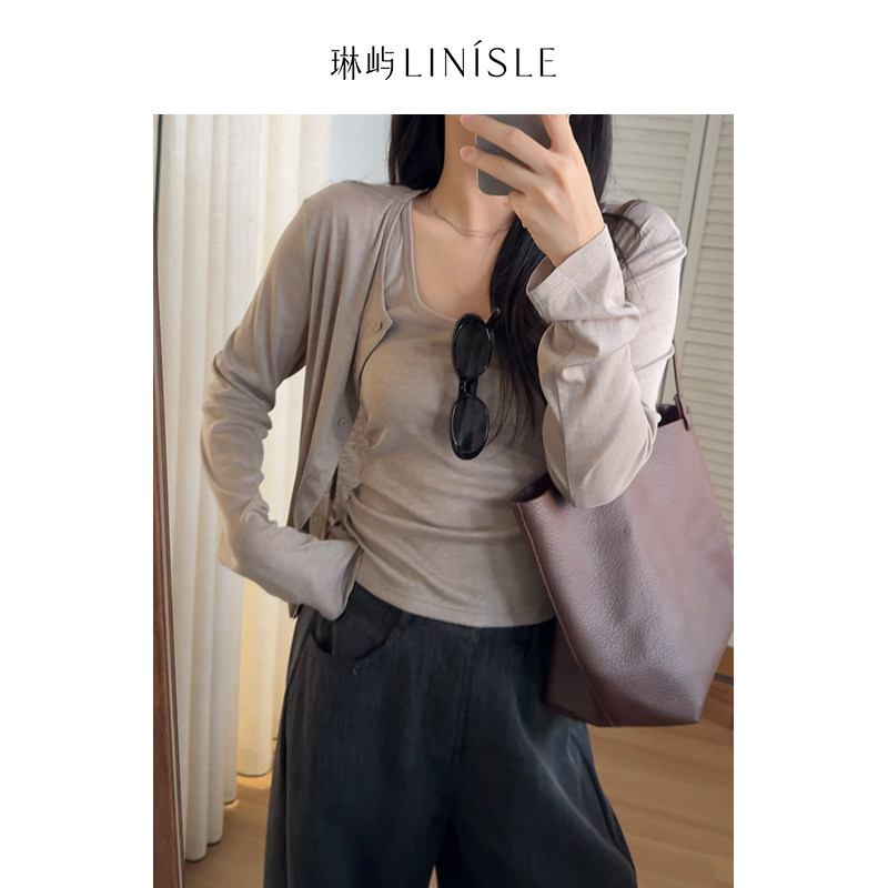琳屿LINISLE轻氧简约风灰色修身显瘦吊带开衫女夏季时尚套装