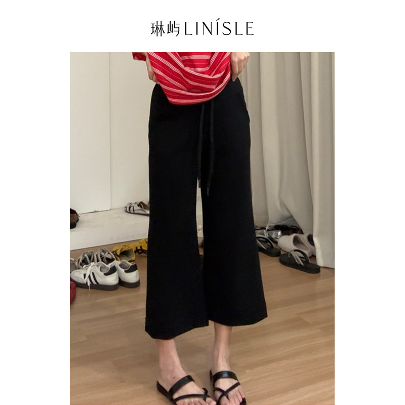 琳屿LINISLE黑色高腰显瘦微喇裤女九分裤休闲修身喇叭裤