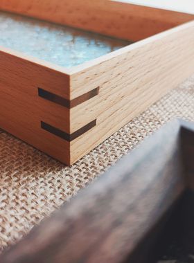 复古海棠花玻璃托盘家用杯子收纳实木围炉煮茶胡桃木茶盘水果手作