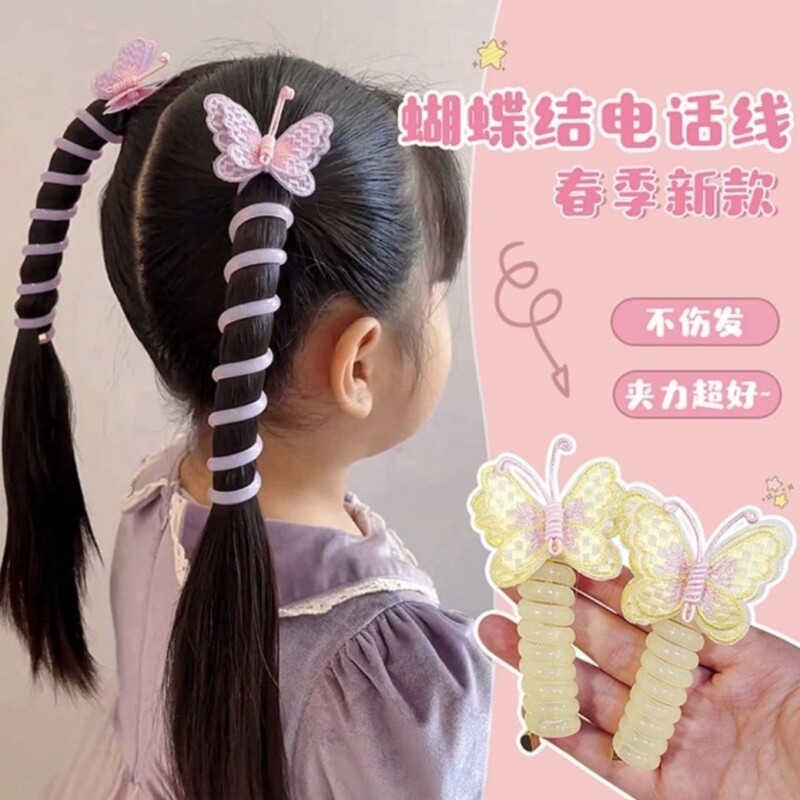 可爱新款电话线女孩发圈泡泡辫编发神器儿童马尾蝴蝶结束发扎头绳