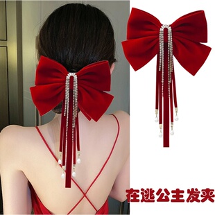 敬酒服头饰简单大气红色丝绒蝴蝶结发夹女新娘结婚订婚晚礼发卡夹