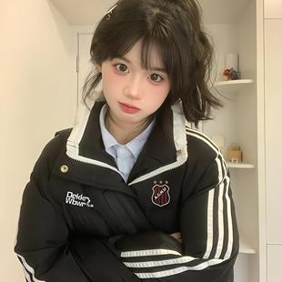 美式插肩三条杠羽绒棉服女大童冬季初中高中学生宽松加厚棉袄外套