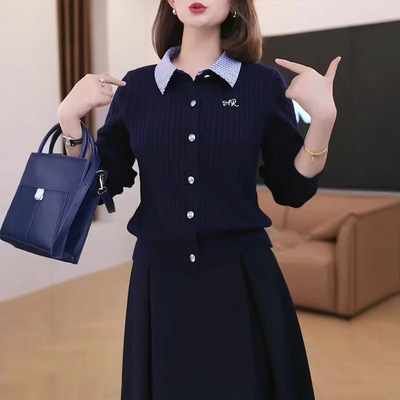 早秋韩系藏蓝色假两件领针织开衫女休闲百搭显瘦通勤上衣