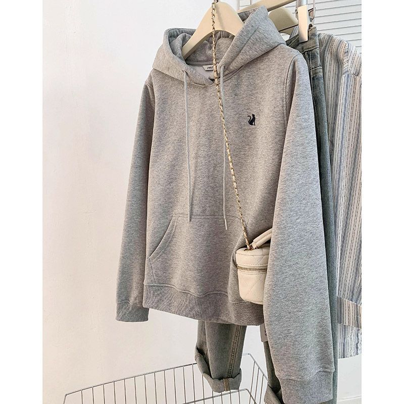 2024新款秋冬宽松加绒美式连帽灰色卫衣女慵懒小个子气质上衣