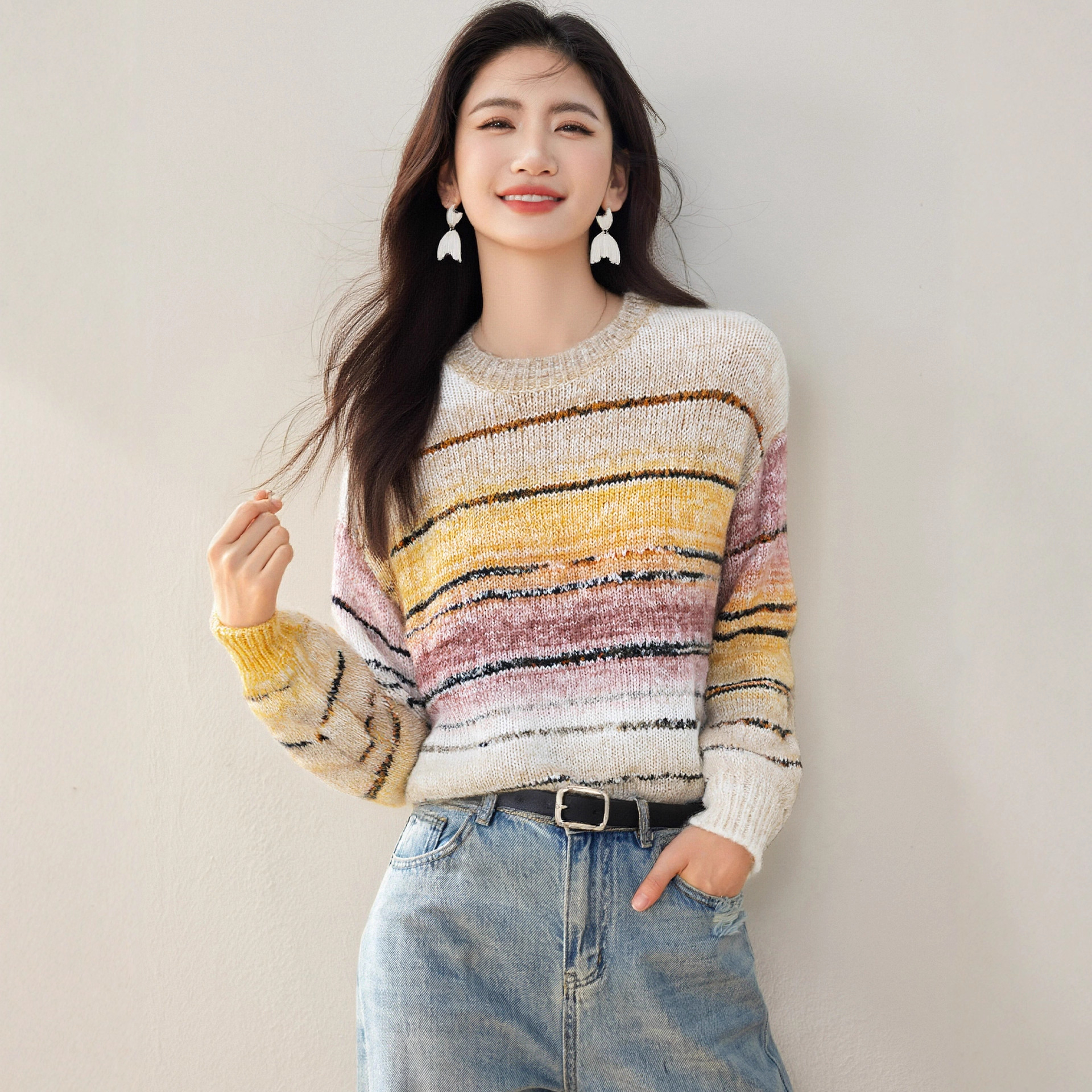 慵懒风撞色条纹渐变毛衣女秋冬宽松软糯法式独特超好看内搭针织衫