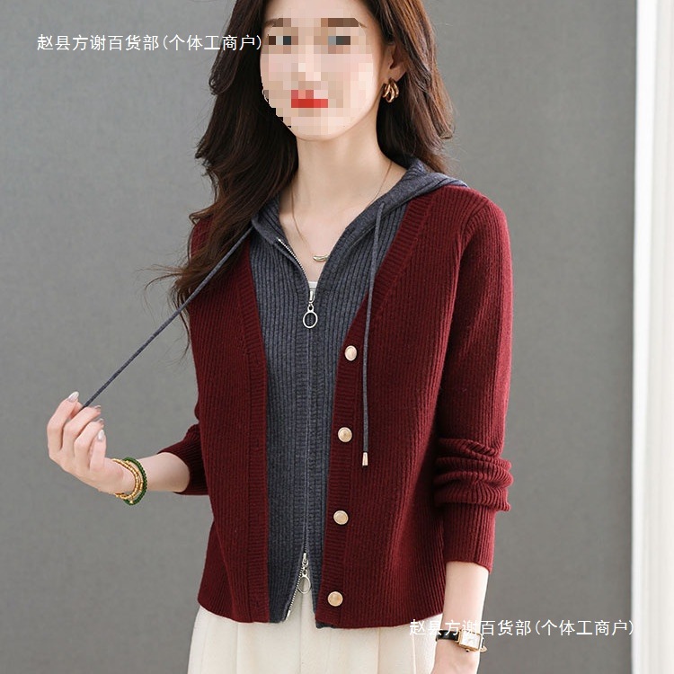 假两件上衣女时尚洋气短款连帽毛衣外套秋装2025新款爆款针织开衫