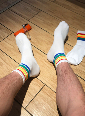 3双装 男士彩虹袜中长筒纯棉潮流白袜控春夏季时尚个性