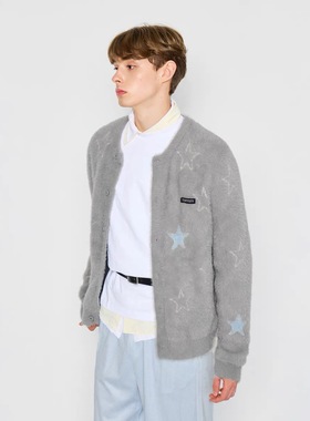 MYSAMESAME仿貂毛肌理星星提花针织开衫2025秋冬宽松休闲情侣毛衣