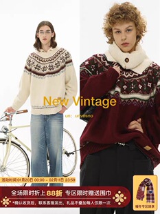 Unvesno (UN)易烊千玺同款费尔岛复古色提花圆领针织衫厚毛衣保暖