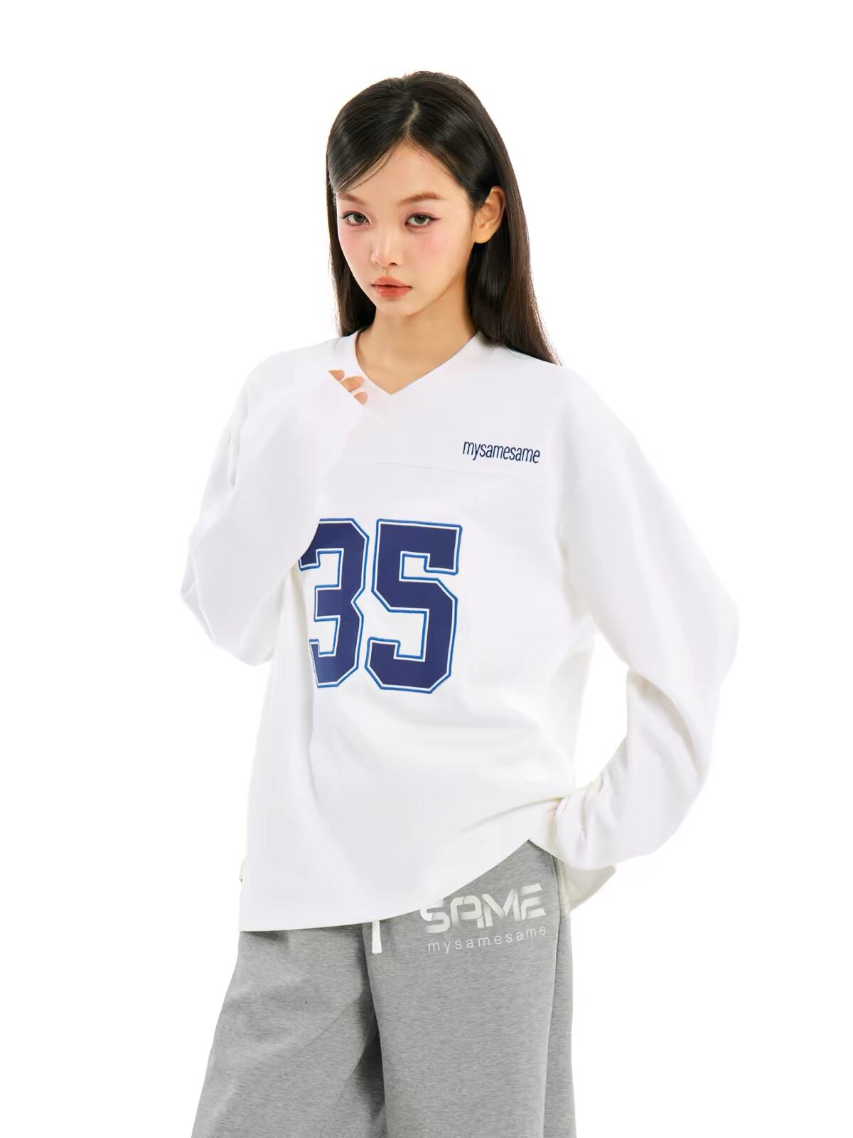 MYSAMESAME26AW美式复古数字印花V领长袖T恤男女宽松休闲运动风秋