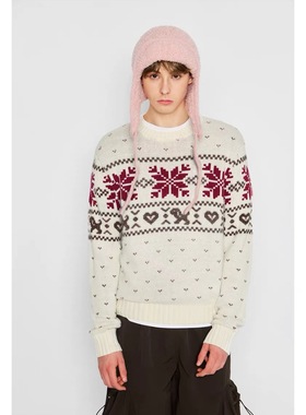 MYSAMESAME秋冬费尔岛纹提花复古学院慵懒圆领毛衣针织衫男女短款