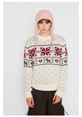 MYSAMESAME秋冬费尔岛纹提花复古学院慵懒圆领毛衣针织衫男女短款