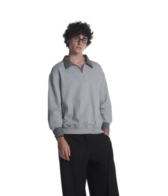 【自发热】(UN)轻休闲自发热条纹衬衫领假两件V领抓绒卫衣