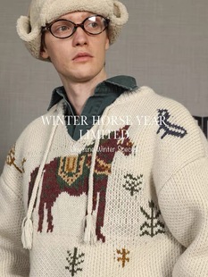 【马年限定 羊毛混纺】Unvesno(UN)游牧复古针织圆领流苏绑带毛衣
