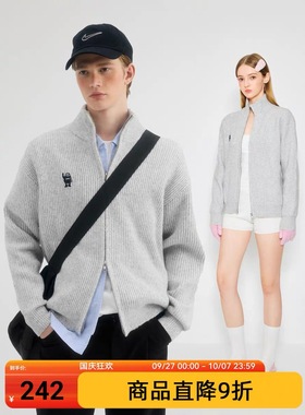 MYSAMESAME 羊毛混纺粗坑纹理立领毛衣开衫拉链刺绣休闲针织外套