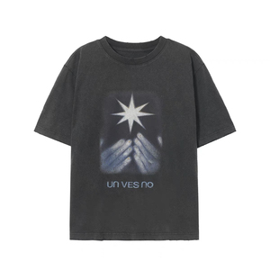 Unvesno(UN)复古炒雪花磨破工艺手捧星印花情侣款宽松T恤