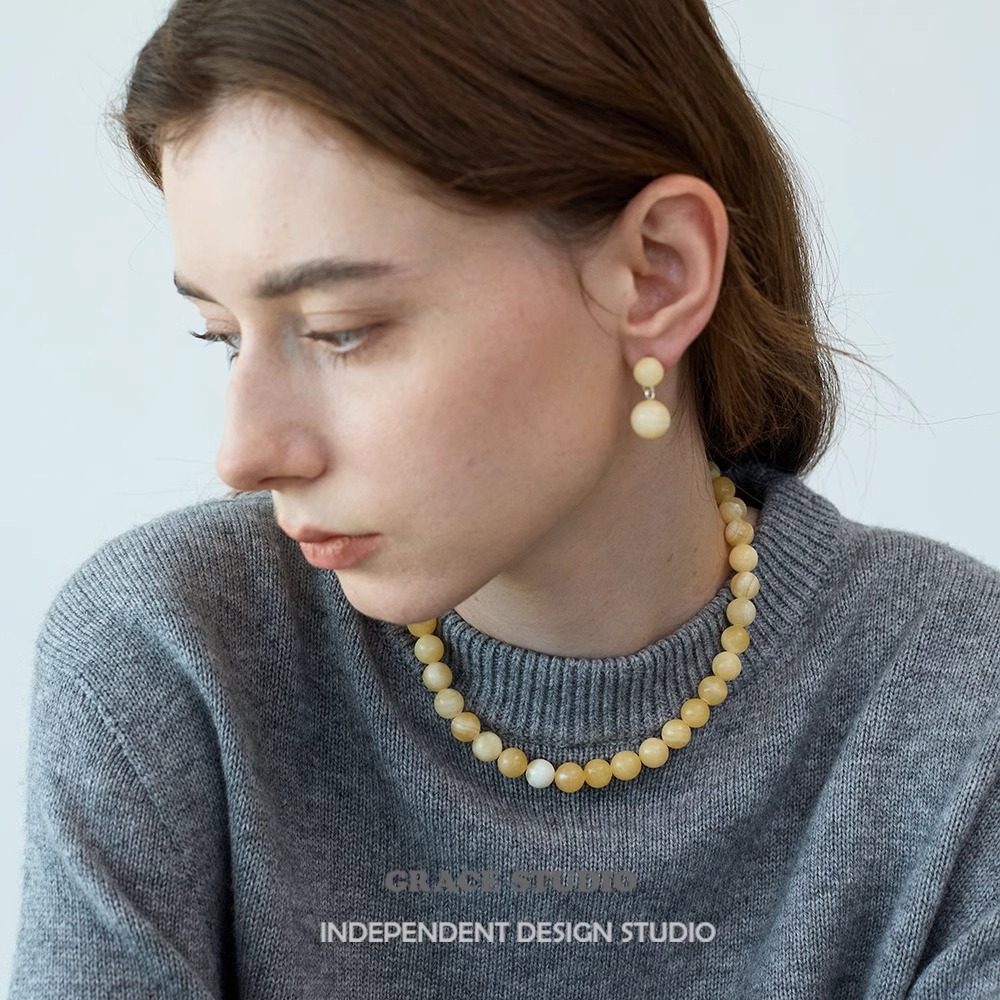 G/S LIE小众设计极简米黄玉天然石串珠耳环项链女国潮新中式首饰,饰品/流行首饰/时尚饰品新,项链,淘宝优惠券,粉丝福利购,淘宝优惠卷
