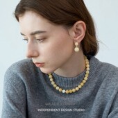 LIE小众设计极简米黄玉天然石串珠耳环项链女国潮新中式 首饰