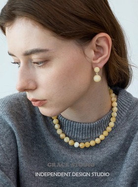 G/S LIE小众设计极简米黄玉天然石串珠耳环项链女国潮新中式首饰