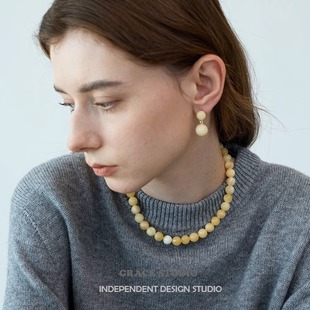 首饰 LIE小众设计极简米黄玉天然石串珠耳环项链女国潮新中式