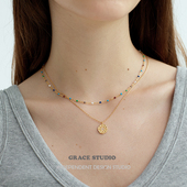 春夏彩色滴釉串珠项链chocker复古金币锁骨链颈链 S彩色多巴胺