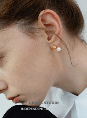 G/S玛丽珍 精致迷你珍珠小金豆耳钉女设计感后挂式冷淡风银豆耳环