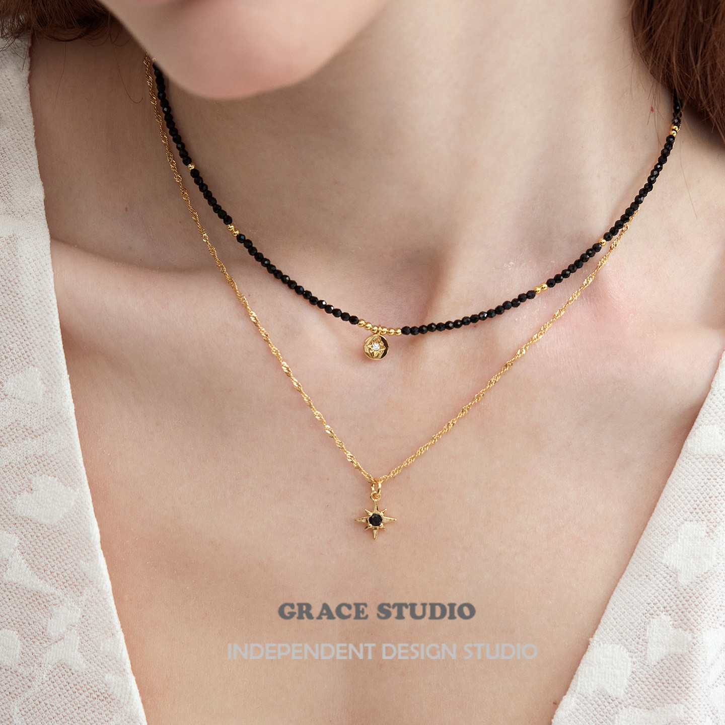 G/S缪斯 精致典雅黑晶石八芒星锁骨链春夏时髦休闲串珠叠戴项链女