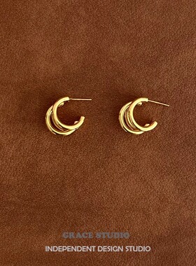 G/S 欧美时髦金属C型耳环高级感三层线条立体小众耳钉百搭ins耳饰