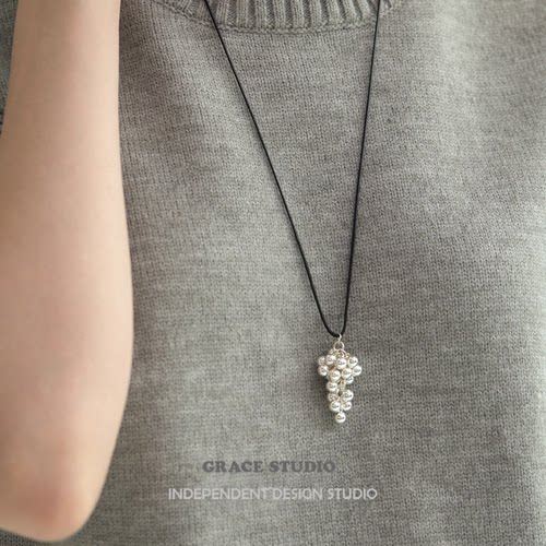 趣味银色葡萄串黑绳毛衣链长项链