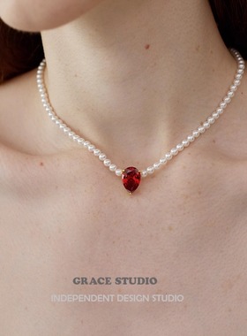 G/S vintage复古风施家珍珠红色锆石锁骨链女小轻奢绿色吊坠项链