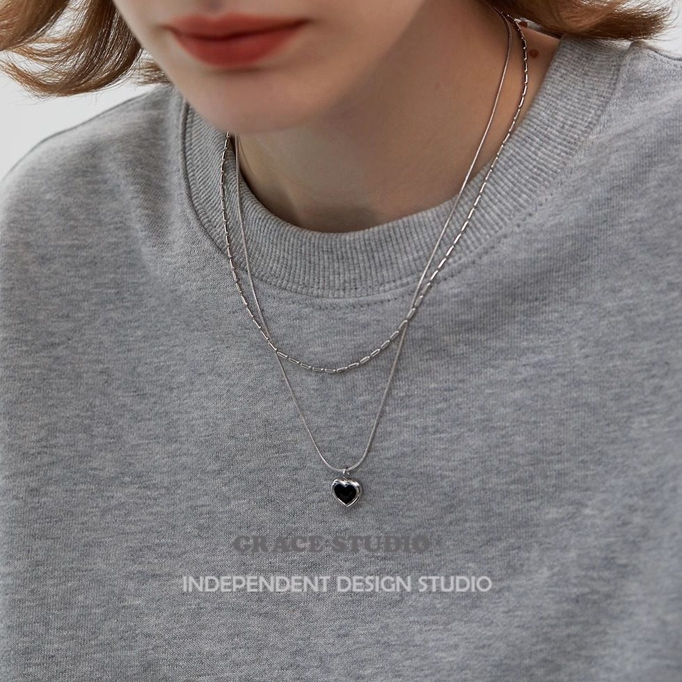 海派甜心黑色爱心双层项链叠戴